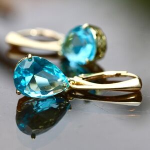 New Swiss Blue Topaz Earrings 14k Yellow Gold Vermeil , December Birthstone